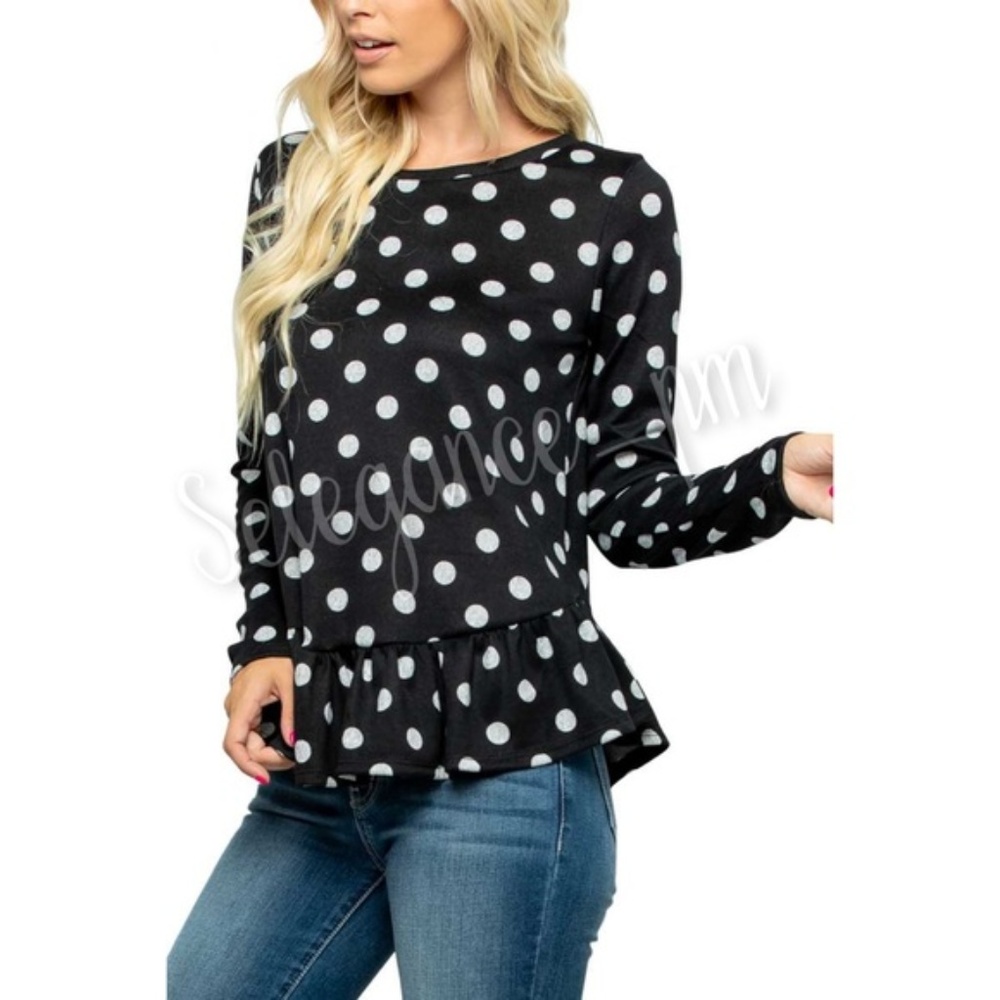 Womens black polka dot ruffled top size L
